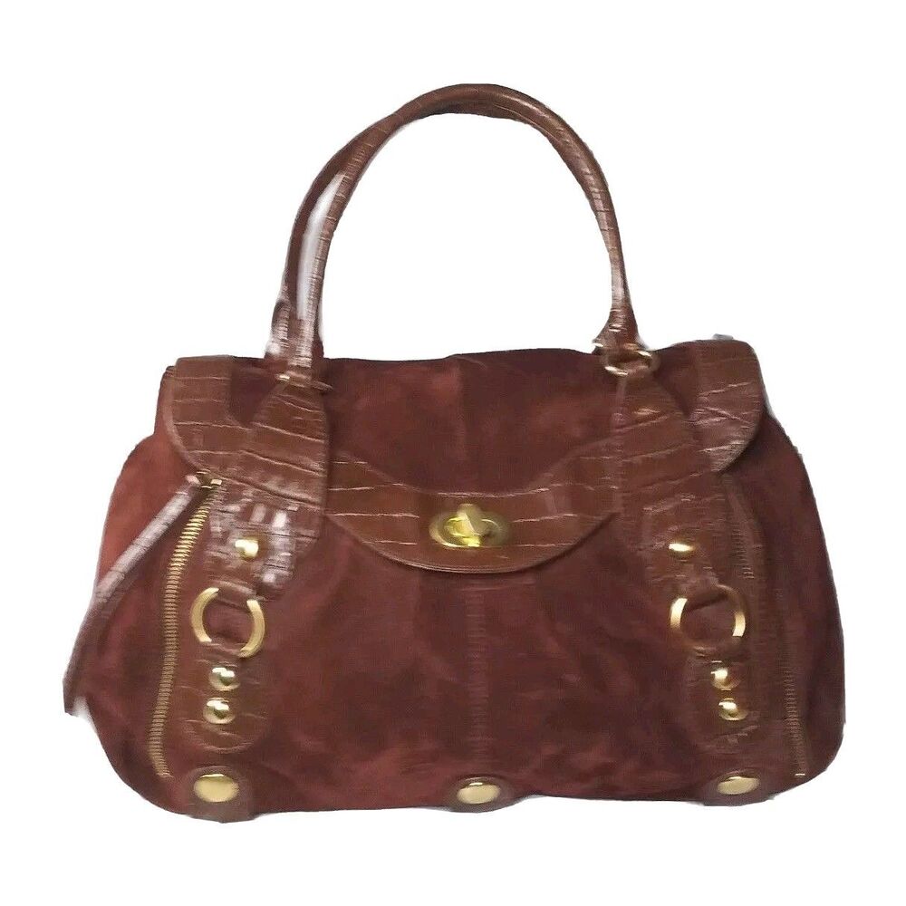 MAXX New York Leather Satchel Purse Large Handbag Brown Suede